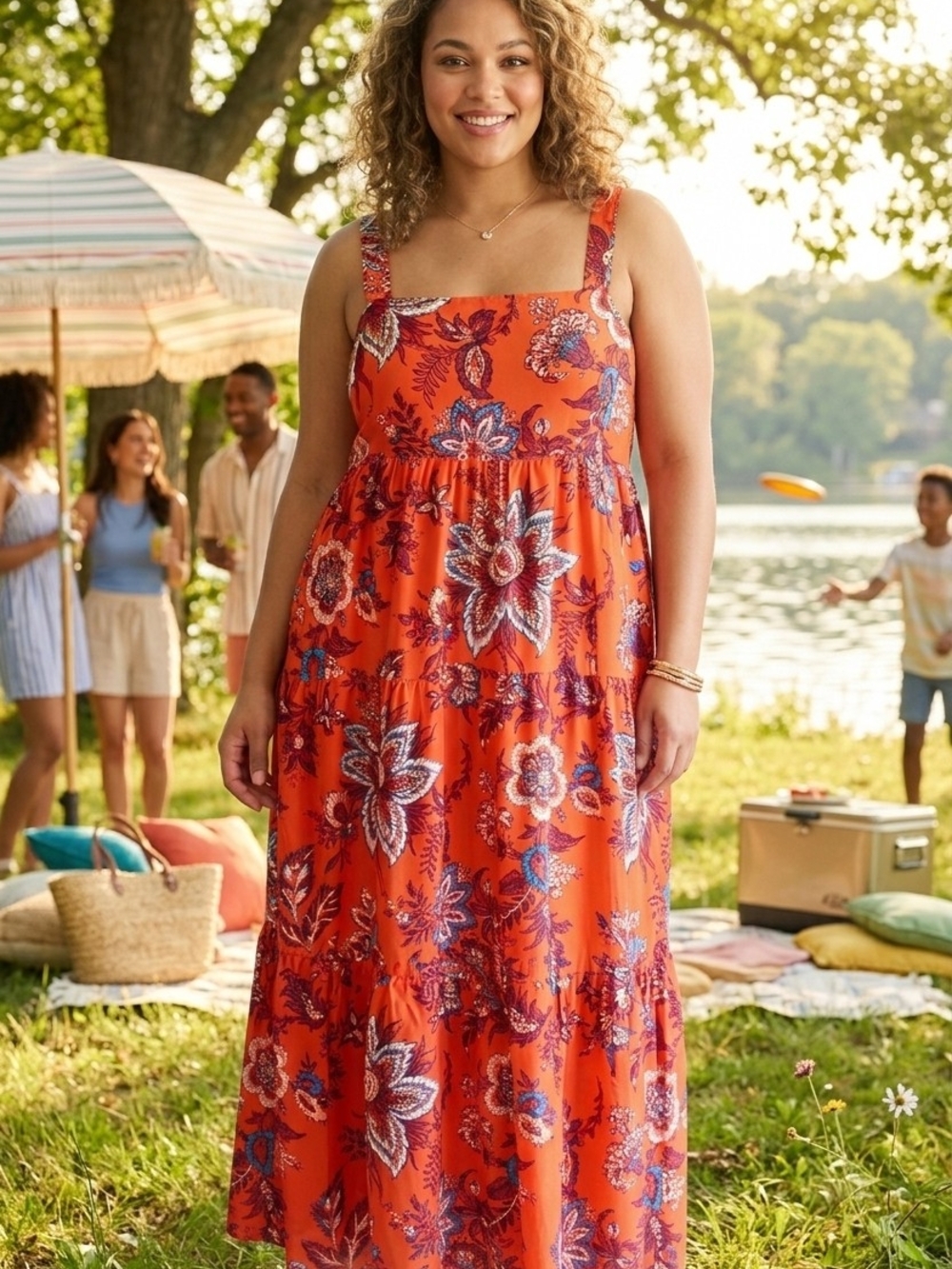 RHODE Orange Floral Tiered Maxi Dress